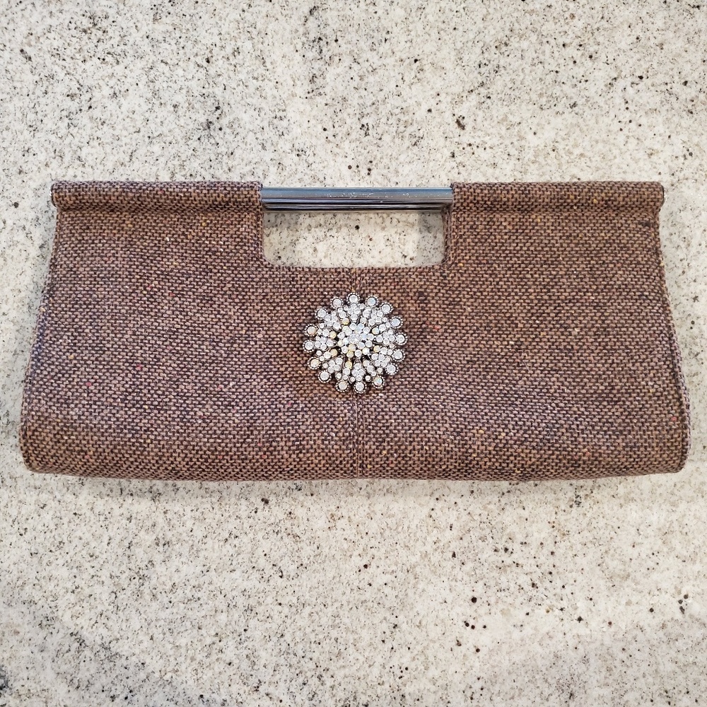Putu Vintage Clutch Brown Tweed Rhinestone Brooch